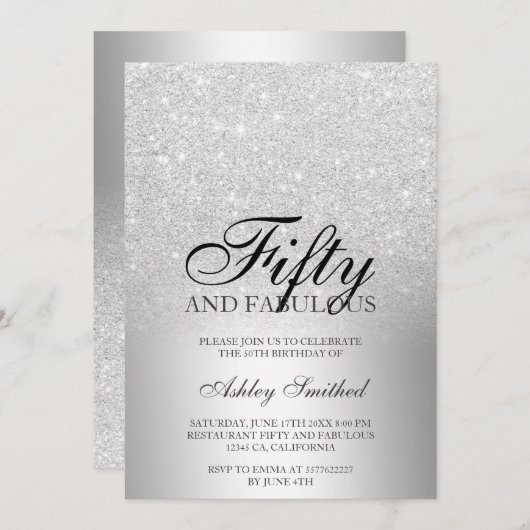 Silver glitter metallic fifty fabulous kaart (Voorkant / Achterkant)