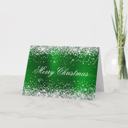 Silver Glitter Metallic Green Family Photo Kaart (Voorkant)