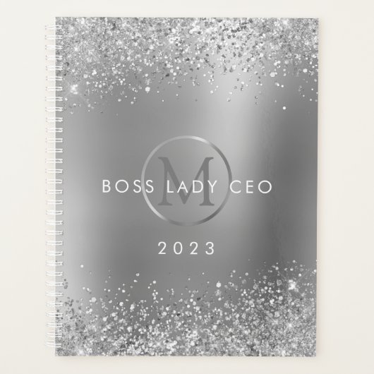Silver Glitter Metallic Monogram 2023 Boss Lady Planner (Voorkant)