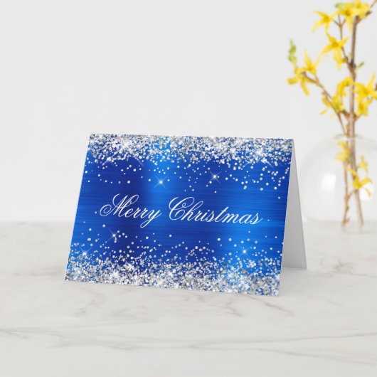 Silver Glitter Metallic Royal Blue Family Photo Kaart (Gele Bloem)