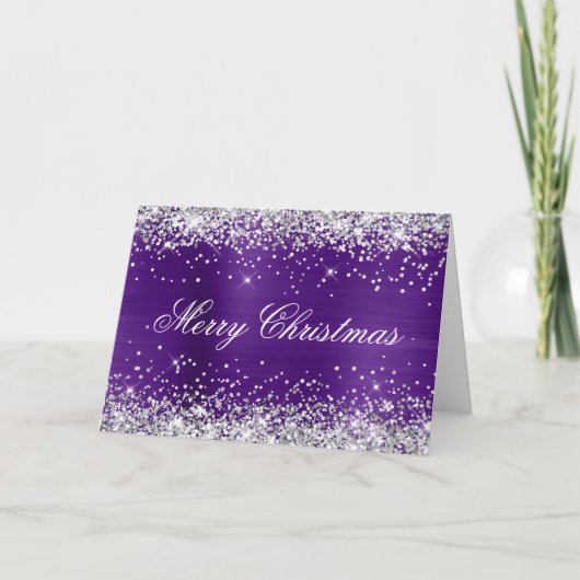 Silver Glitter Metallic Royal Purple Family Photo Kaart (Voorkant)