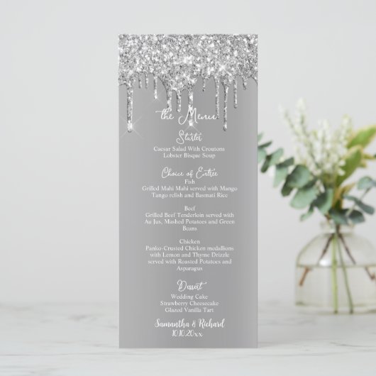 Silver Glitter Metallic Shine 4x9" Wedding Menu (Staand voorkant)