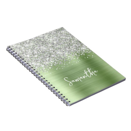 Silver Glitter Mint Glam Script Name Notitieboek (Rechterzijde)