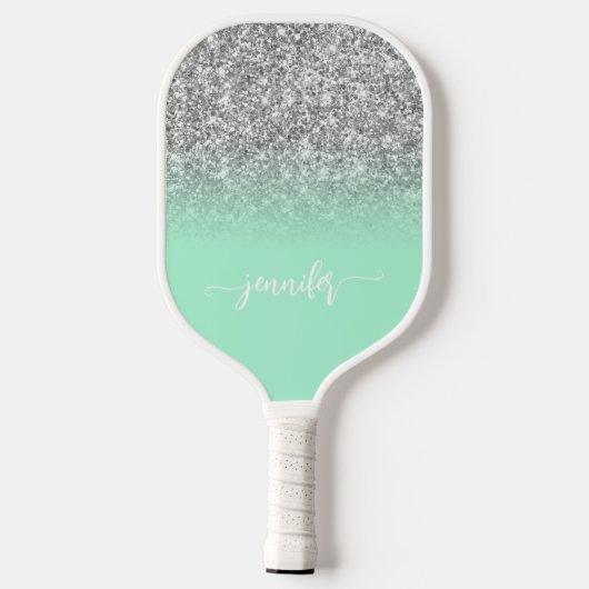 Silver Glitter Mint Green Ombre Modern Script Pickleball Paddle (Achterkant)