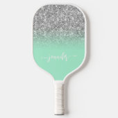 Silver Glitter Mint Green Ombre Modern Script Pickleball Paddle (Voorkant)