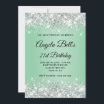 Silver Glitter Mint Ombre Monogram 21st Birthday Kaart<br><div class="desc">Een elegante monogrammed 21ste verjaardag uitnodiging voor haar. U kunt de tekst aanpassen voor een andere mijlpaalverjaardagsviering. De digitale kunstfunctie faux sparkly Silver Glitter met extra sparkles tegen een pastellicht groen ombre afbeelding. Het fancy zwart-witte kalligrafische monogram kan worden aangepast. Alle glorieuze elementen in dit moderne, girale design zijn digitale...</div>