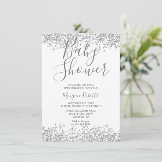Silver Glitter Modern Baby shower Invitation Kaart (Staand voorkant)