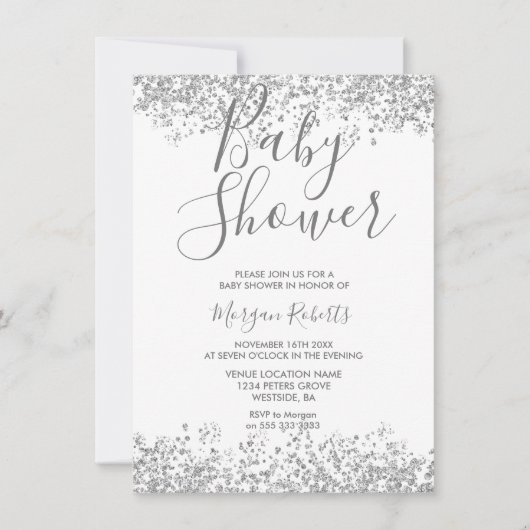 Silver Glitter Modern Baby shower Invitation Kaart (Voorkant)