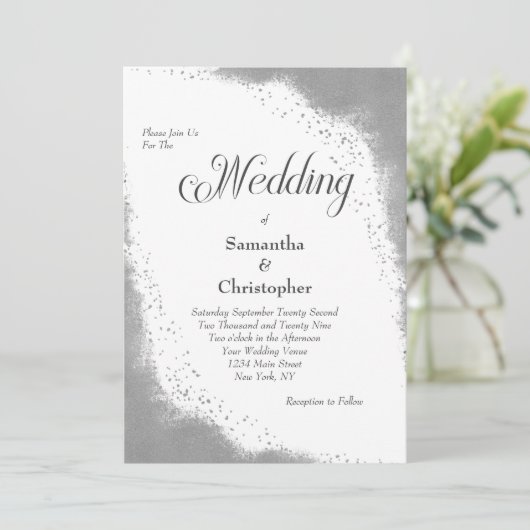 Silver Glitter Modern Elegant Calligraphy Wedding Kaart (Staand voorkant)