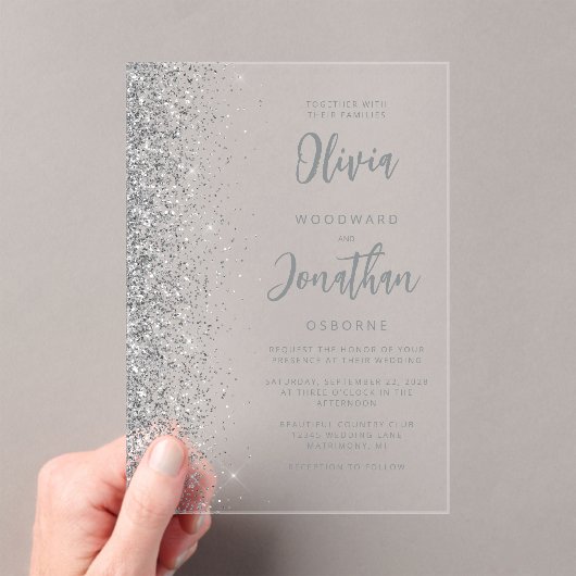 Silver Glitter Modern Script Wedding Acryl Uitnodigingen (Insitu (Draagbaar))