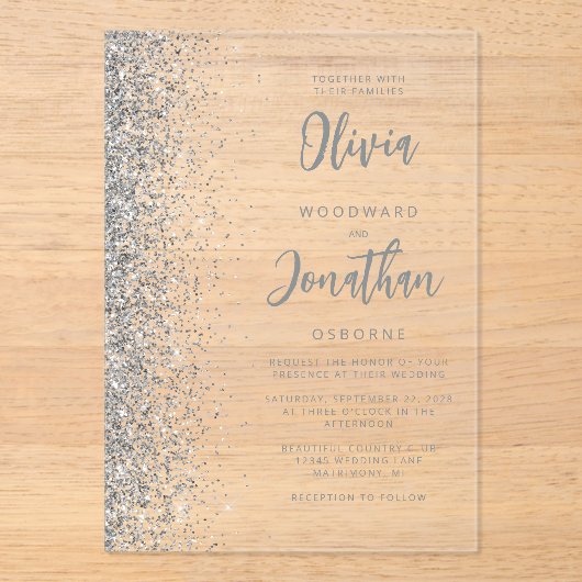 Silver Glitter Modern Script Wedding Acryl Uitnodigingen (Voorkant)