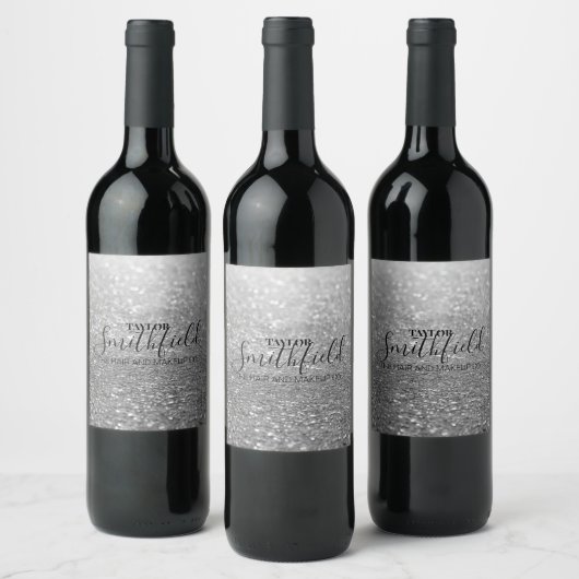 Silver Glitter Modern Wijn Etiket (Flessen)