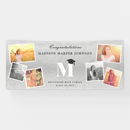 Silver Glitter Monogram 6 Fotogradatie Partij Spandoek (Horizontaal)