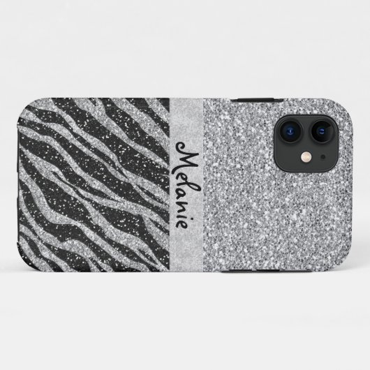 Silver Glitter Monogram Aangepaste iPhone Case (Achterkant (horizontaal))