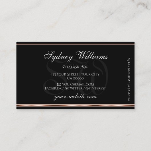 Silver Glitter Monogram Black en Roos Gold Border Visitekaartje (Achterkant)