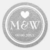 Silver glitter monogram bruiloft stickers (Voorkant)