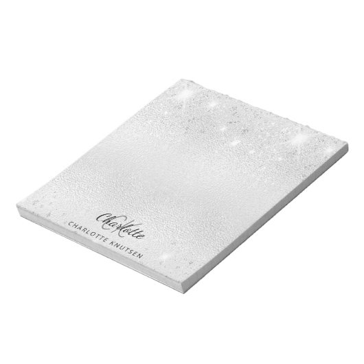 Silver glitter monogram initiaal naam metallic notitieblok (Linkerzijde)