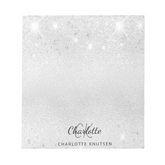 Silver glitter monogram initiaal naam metallic notitieblok (Voorkant)