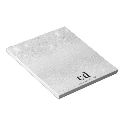 Silver glitter monogram initiaal name notitieblok (Schuin)