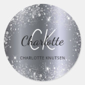 Silver glitter monogram initiaal name ronde sticker (Voorkant)