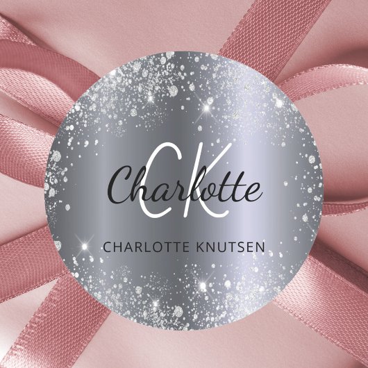 Silver glitter monogram initiaal name ronde sticker