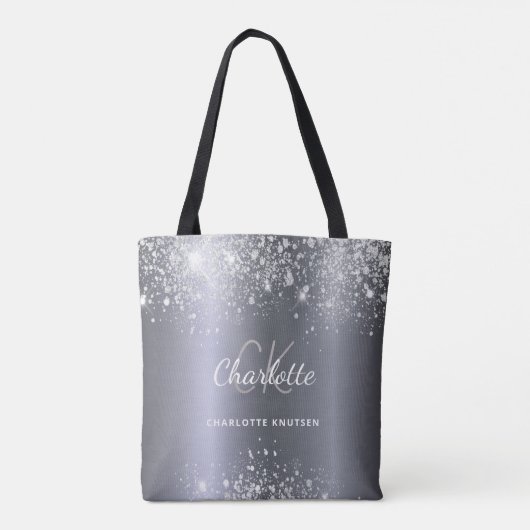 Silver glitter monogram initiaal name tote bag (Achterkant)