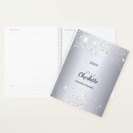 Silver glitter monogram initialen script 2026 planner (Display)