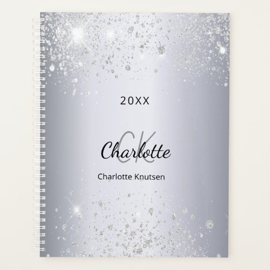 Silver glitter monogram initialen script 2026 planner (Voorkant)
