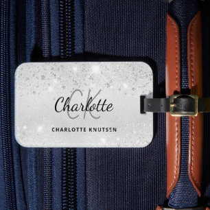 Silver glitter monogram naam elegant bagagelabel
