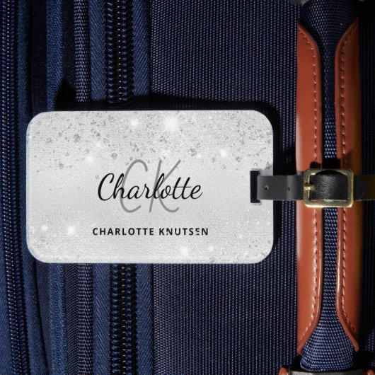 Silver glitter monogram naam elegant bagagelabel (Voorkant Insitu 4)