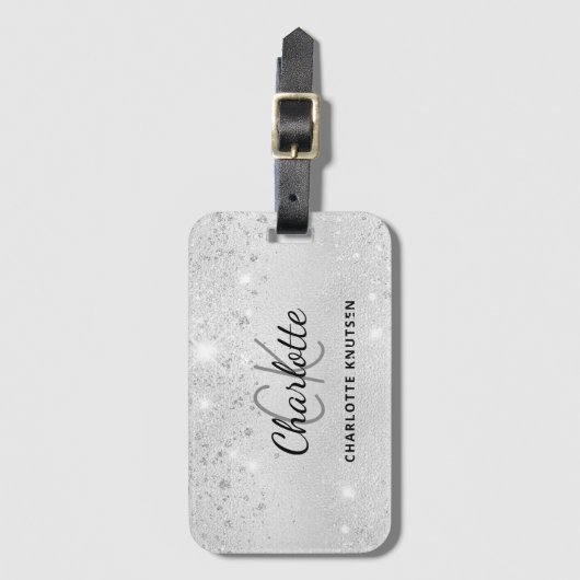 Silver glitter monogram naam elegant bagagelabel (Voorkant (verticaal))