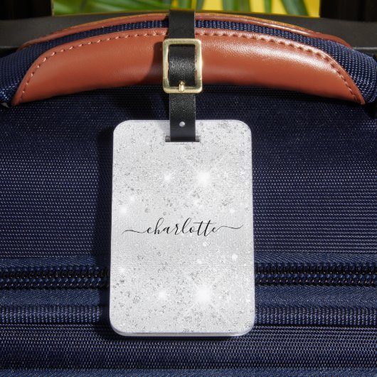 Silver glitter-monogram, naam script bagagelabel (Voorkant Insitu 2)