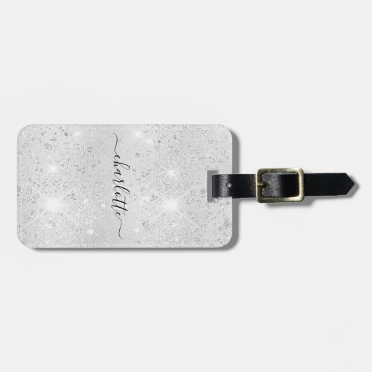 Silver glitter-monogram, naam script bagagelabel (Voorkant horizontaal)