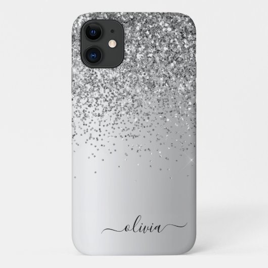 Silver Glitter Monogram Name Luxury Girly Case-Mate iPhone Case (Achterkant)
