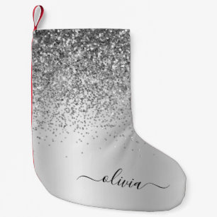 Silver Glitter Monogram Name Luxury Girly Kleine Kerstsok