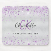 Silver glitter monogram paarse naam metallic muismat (Voorkant)