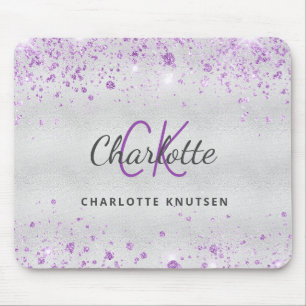 Silver glitter monogram paarse naam metallic muismat