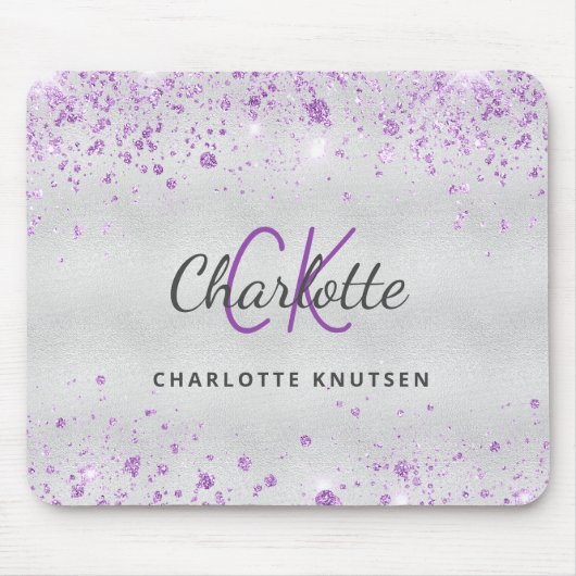 Silver glitter monogram paarse naam metallic muismat (Voorkant)