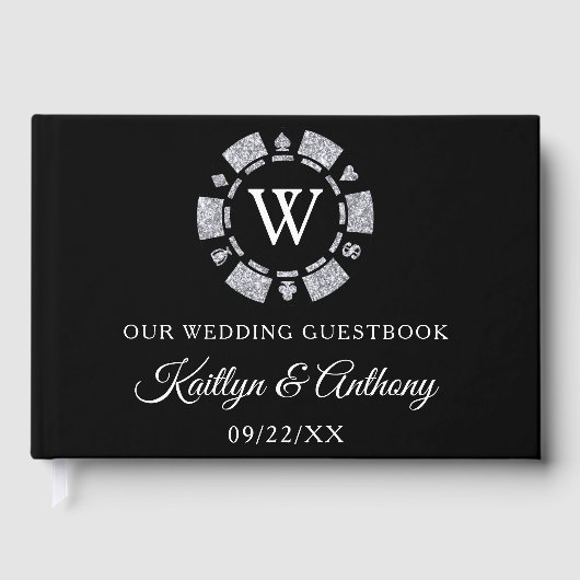 Silver Glitter Monogram Poker Chip Casino Wedding Gastenboek (Voorkant)