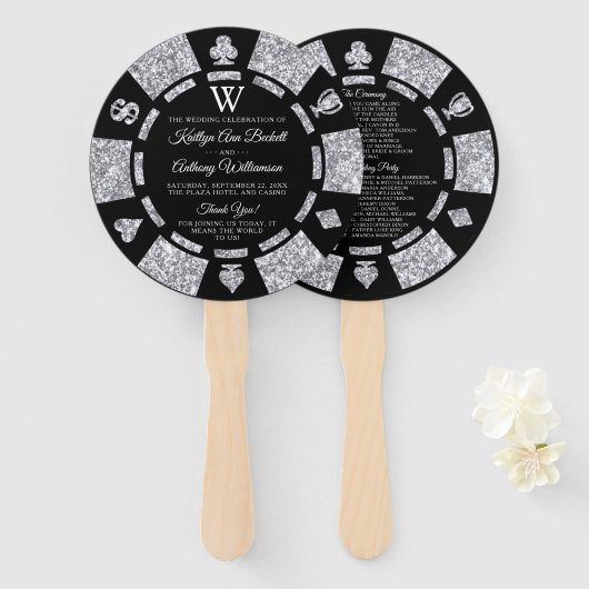 Silver Glitter Monogram Poker Chip Casino Wedding Handwaaier (Voorkant en achterkant)