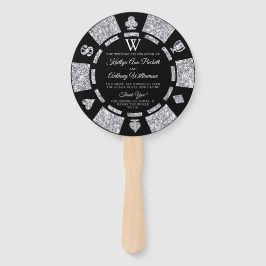 Silver Glitter Monogram Poker Chip Casino Wedding Handwaaier (Voorkant)