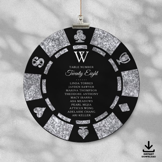 Silver Glitter Monogram Poker Chip Casino Wedding Kaart