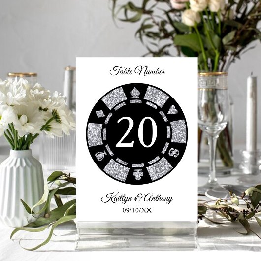 Silver Glitter Monogram Poker Chip Casino Wedding Kaart