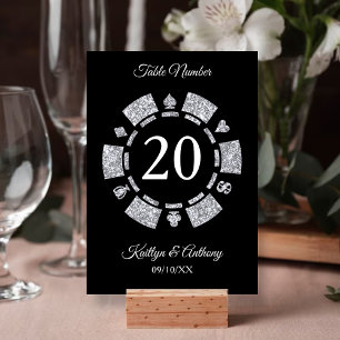 Silver Glitter Monogram Poker Chip Casino Wedding Kaart