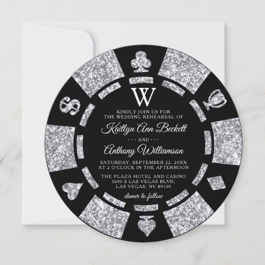 Silver Glitter Monogram Poker Chip Casino Wedding Kaart (Voorkant)