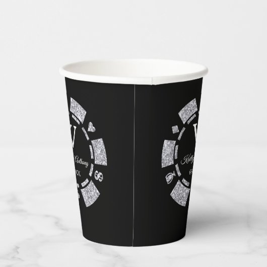 Silver Glitter Monogram Poker Chip Casino Wedding Papieren Bekers (Rechts)