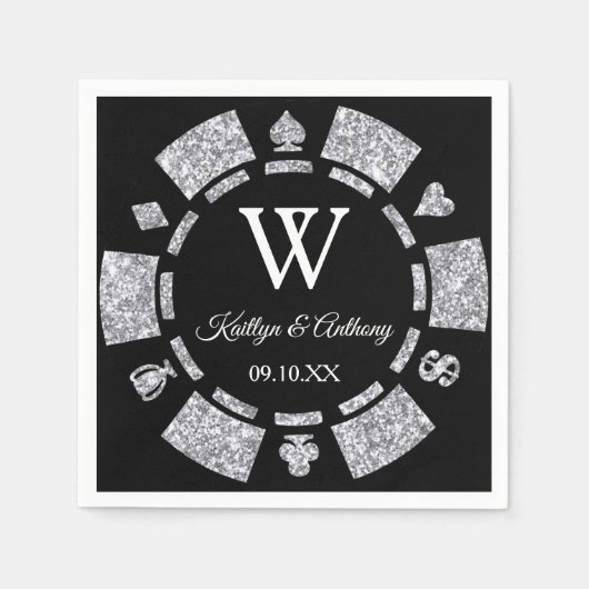 Silver Glitter Monogram Poker Chip Casino Wedding Servet (Voorkant)