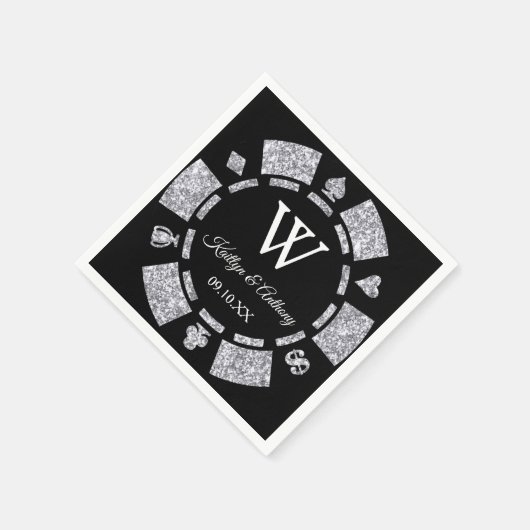 Silver Glitter Monogram Poker Chip Casino Wedding Servet (Hoek)