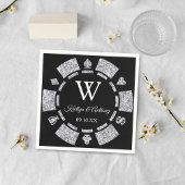 Silver Glitter Monogram Poker Chip Casino Wedding Servet
