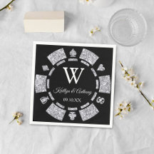 Silver Glitter Monogram Poker Chip Casino Wedding